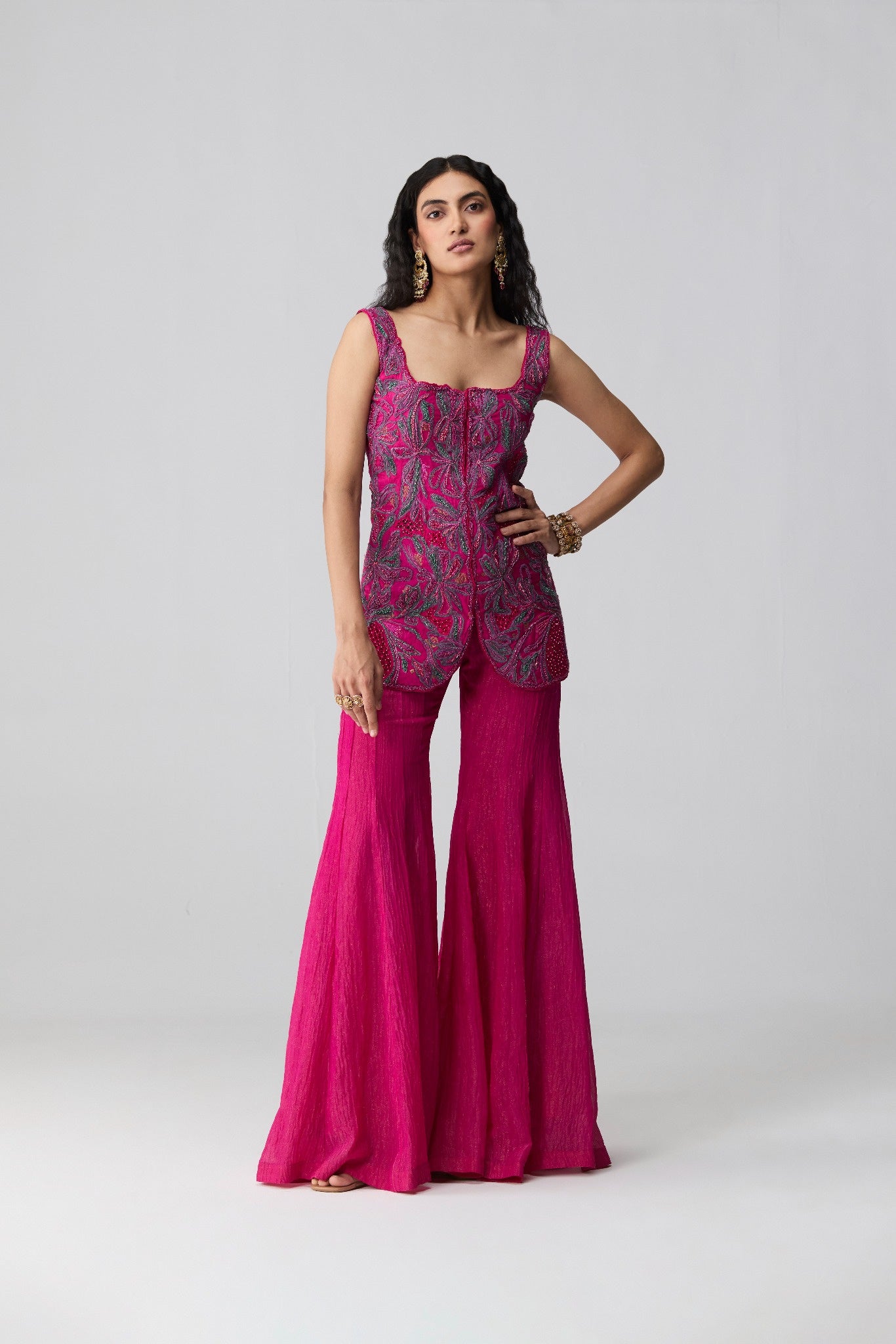 Seerat – fuschia hand-embroidered floral fitted kurta with sleek sharara and belt by Julie & Rinki