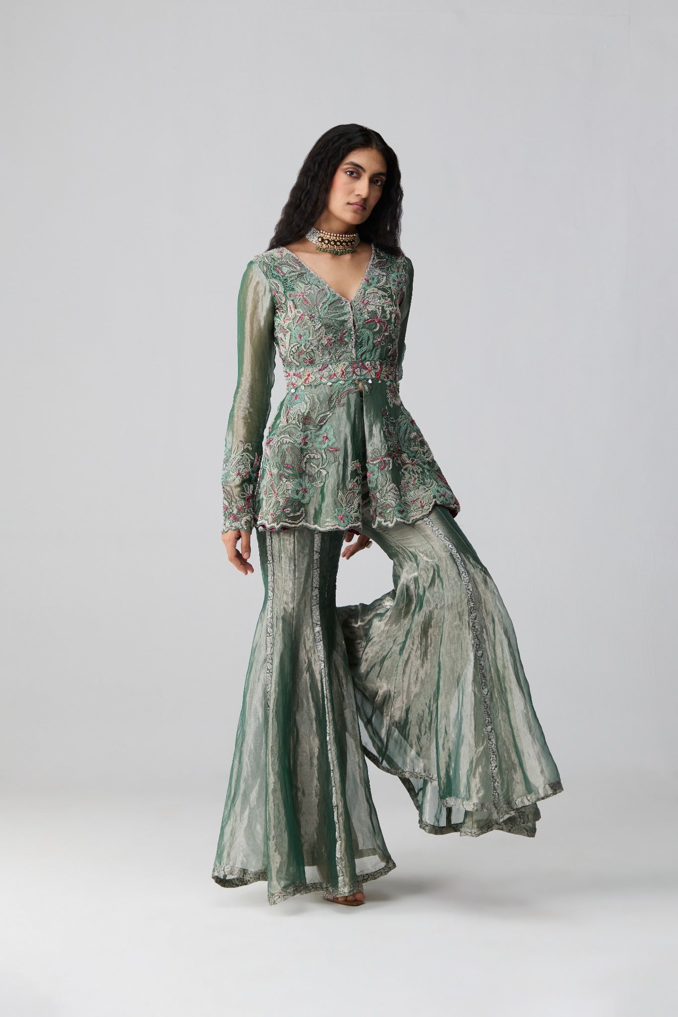 Inara – intricate multi-colour tissue peplum kurta with sharara and belt by Julie & Rinki