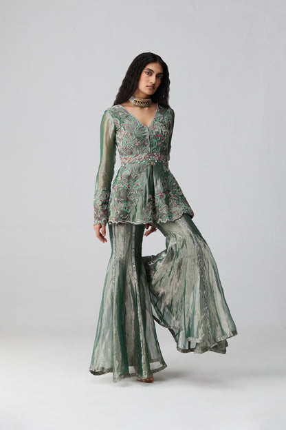 Inara – intricate multi-colour tissue peplum kurta with sharara and belt by Julie & Rinki