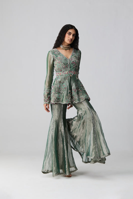 Inara – intricate multi-colour tissue peplum kurta with sharara and belt by Julie & Rinki