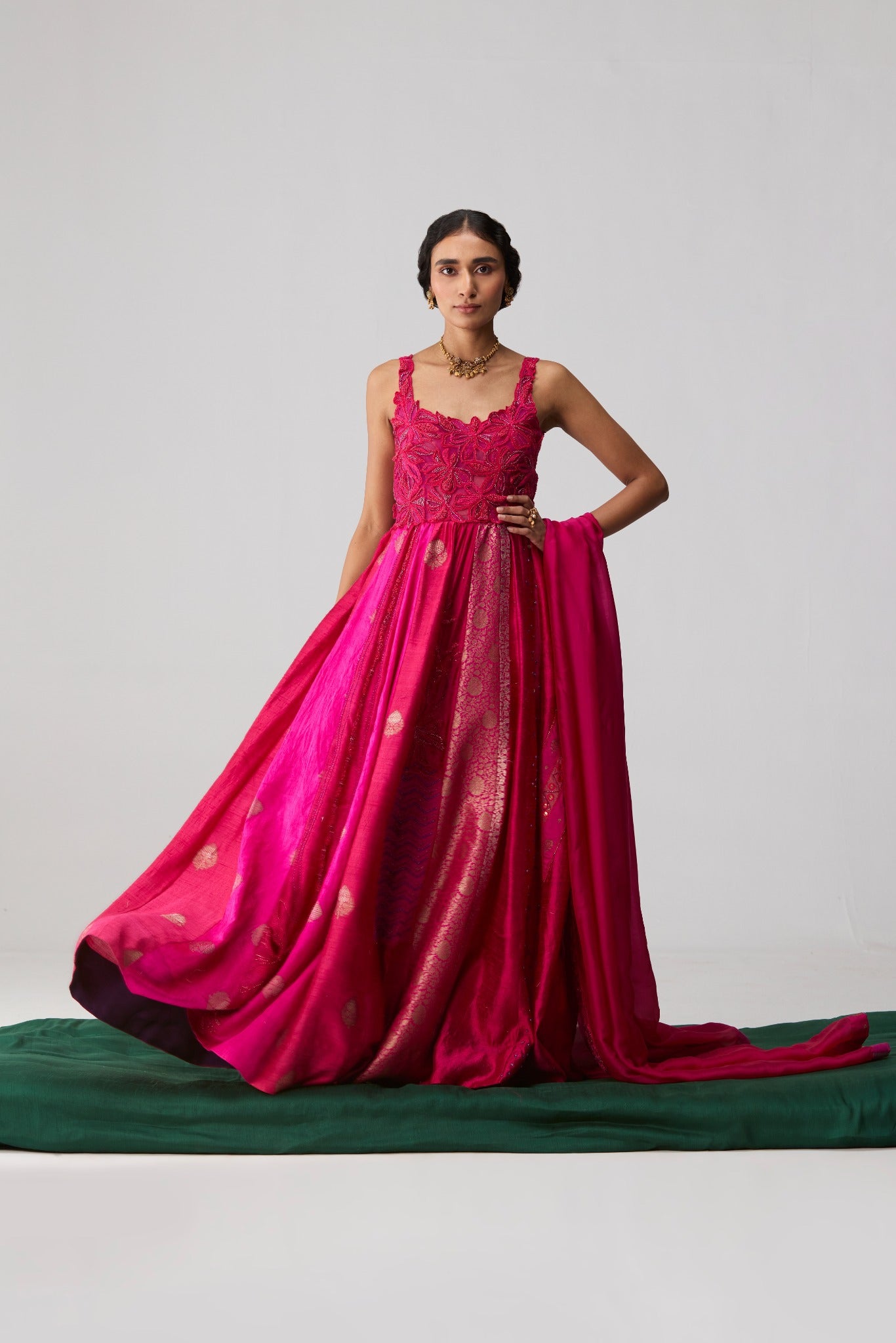 
Rasa – floral appliqué embroidered yoke Anarkali with Banarasi raw silk panels and organza dupatta by Julie & Rinki