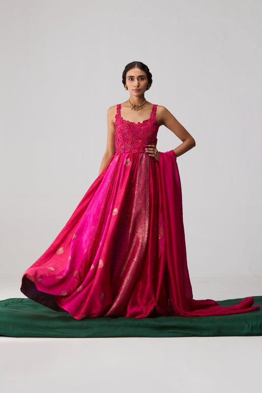
Rasa – floral appliqué embroidered yoke Anarkali with Banarasi raw silk panels and organza dupatta by Julie & Rinki