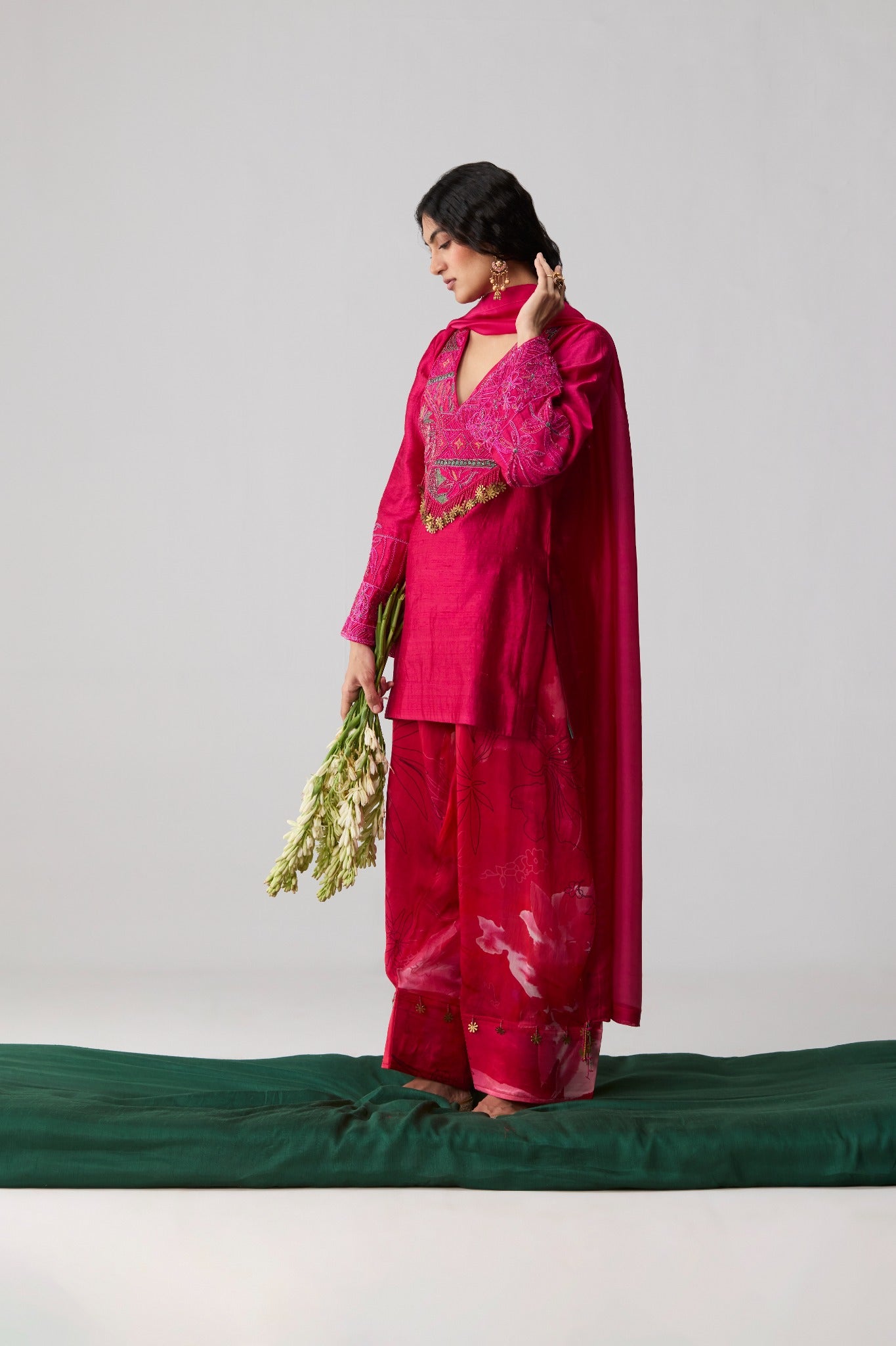 Akasa – fuschia pink geometric embroidered Indian kurta with farshi salwar and dupatta by Julie & Rinki