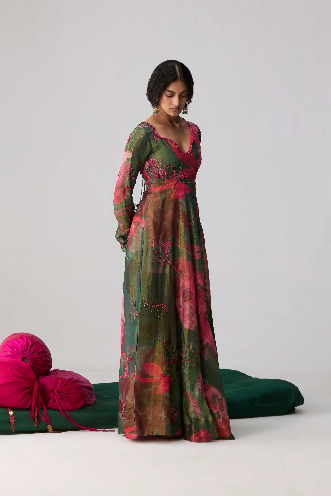 Inayat – Dark Green Abstract Print Tissue Anarkali Set | Julie & Rinki