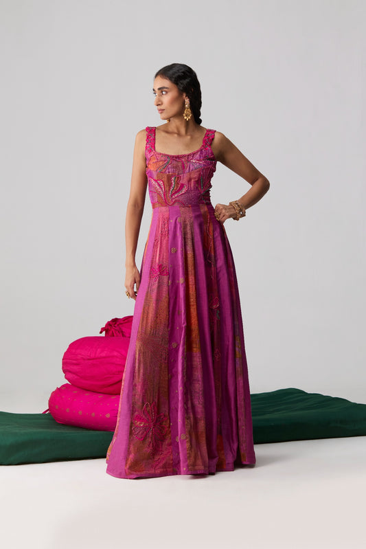 
Siara – purple printed embroidered yoke Anarkali with Banarasi raw silk panels and organza dupatta by Julie & Rinki
