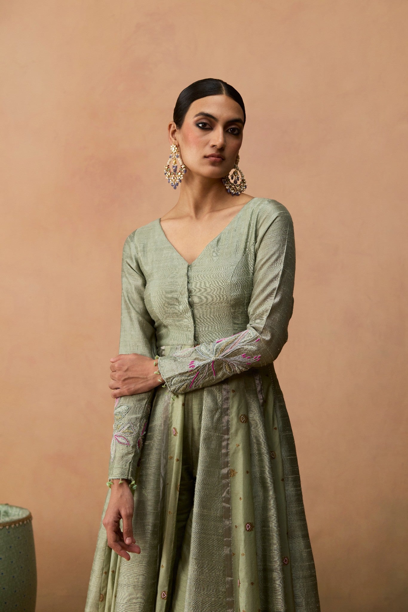 Tara – sage green abstract floral Banarasi panel Anarkali with raw silk pants and organza dupatta by Julie & Rinki
