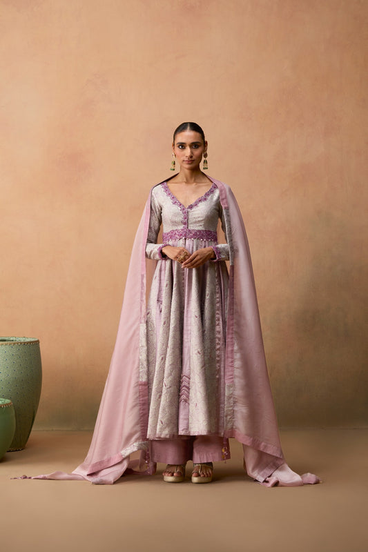 Nyra – purple floral hand-embroidered yoke Anarkali with Banarasi raw silk panels by Julie & Rinki