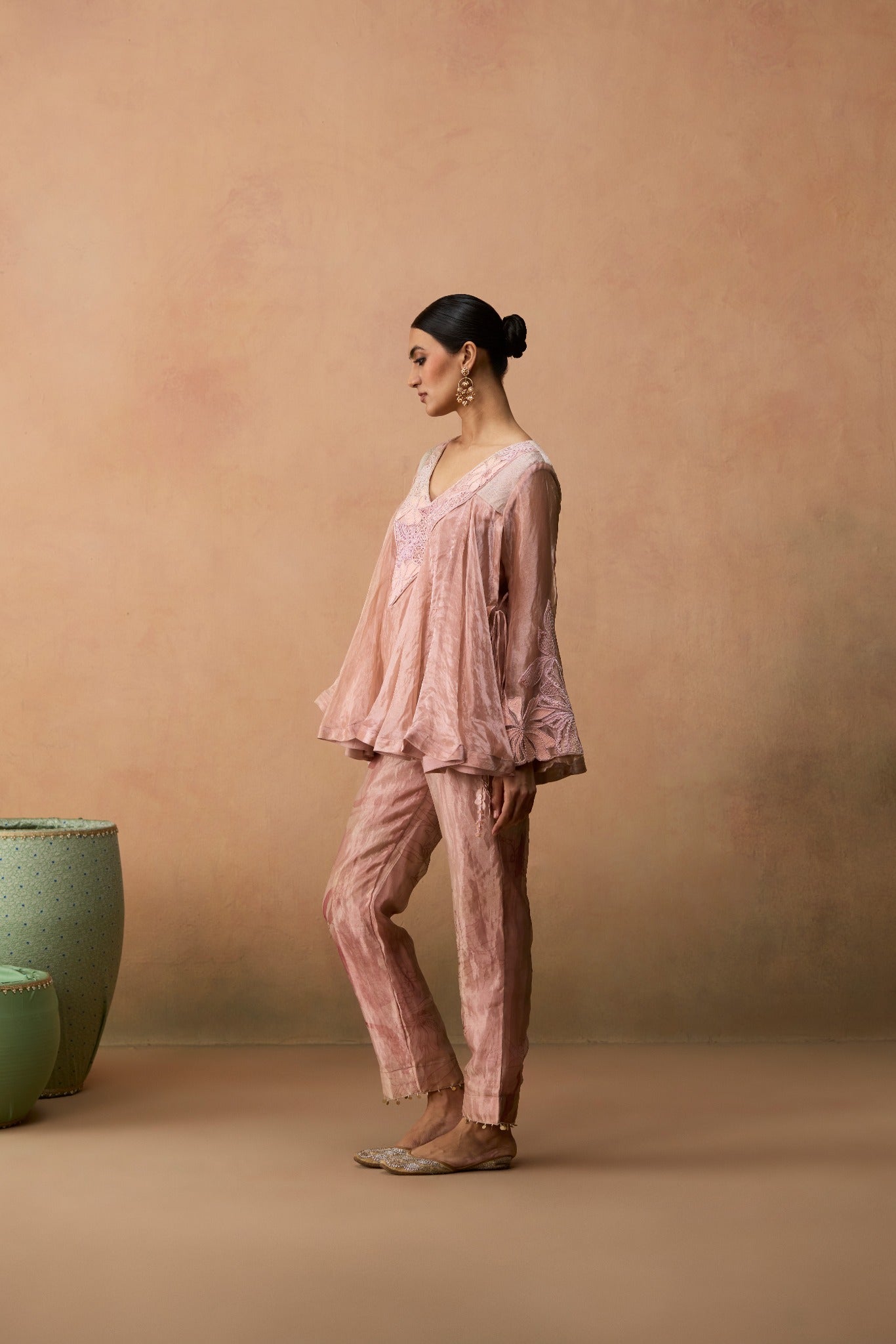 Aira – light pink silver tissue embroidered peplum kurta with Banarasi brocade pants by Julie & Rinki