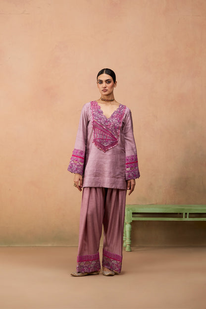 Arzoi – purple hand-embroidered raw silk Indian kurta with embroidered farshi salwar by Julie & Rinki