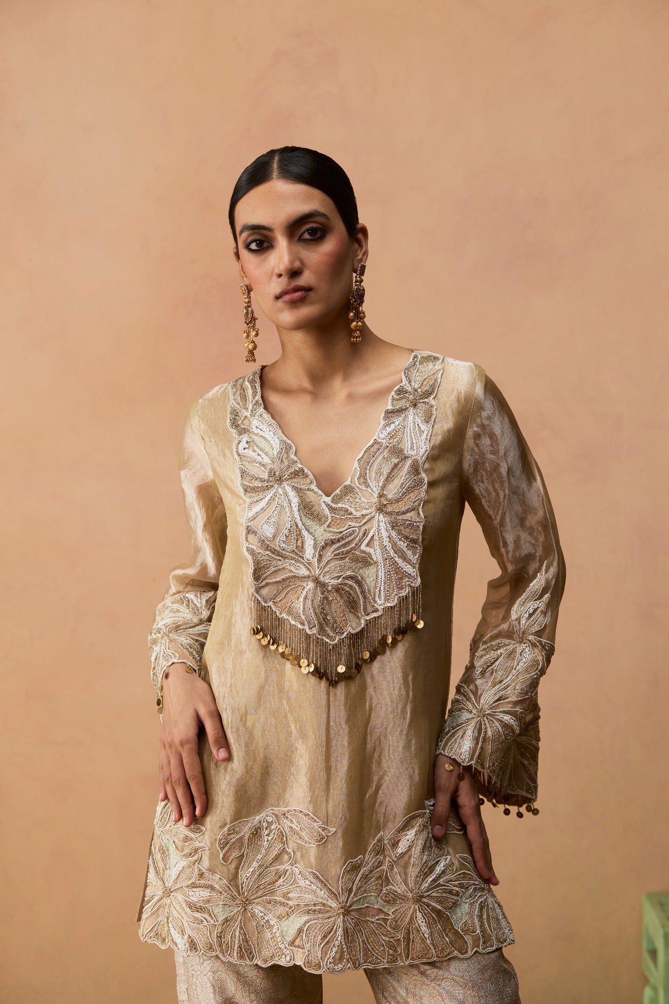 Mira – beige gold abstract floral hand-embroidered tissue kurta with Banarasi brocade pants by Julie & Rinki