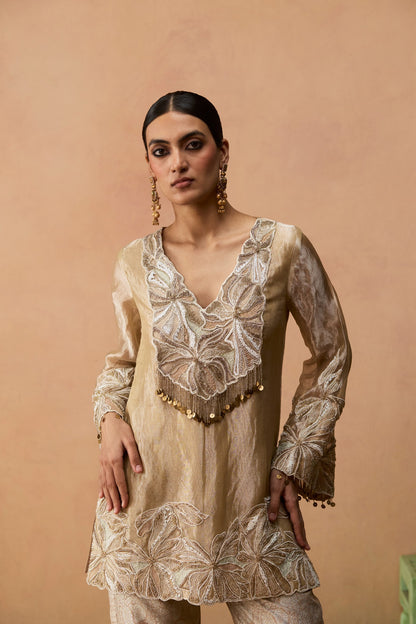 Mira – beige gold abstract floral hand-embroidered tissue kurta with Banarasi brocade pants by Julie & Rinki