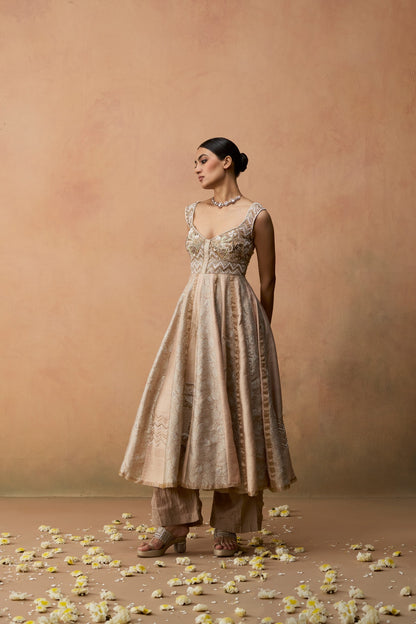 Meher – beige gold embroidered yoke Anarkali with Banarasi raw silk panels and organza dupatta by Julie & Rinki