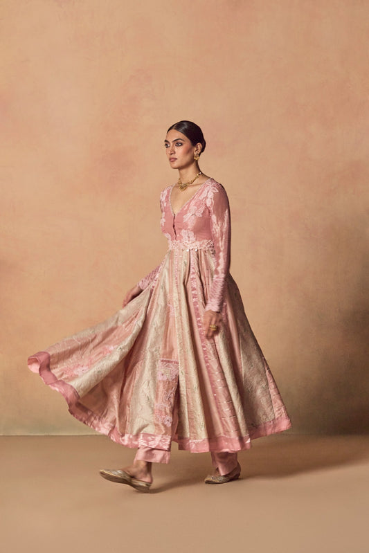Aroka – light pink embroidered yoke Anarkali with Banarasi raw silk panels and organza dupatta by Julie & Rinki