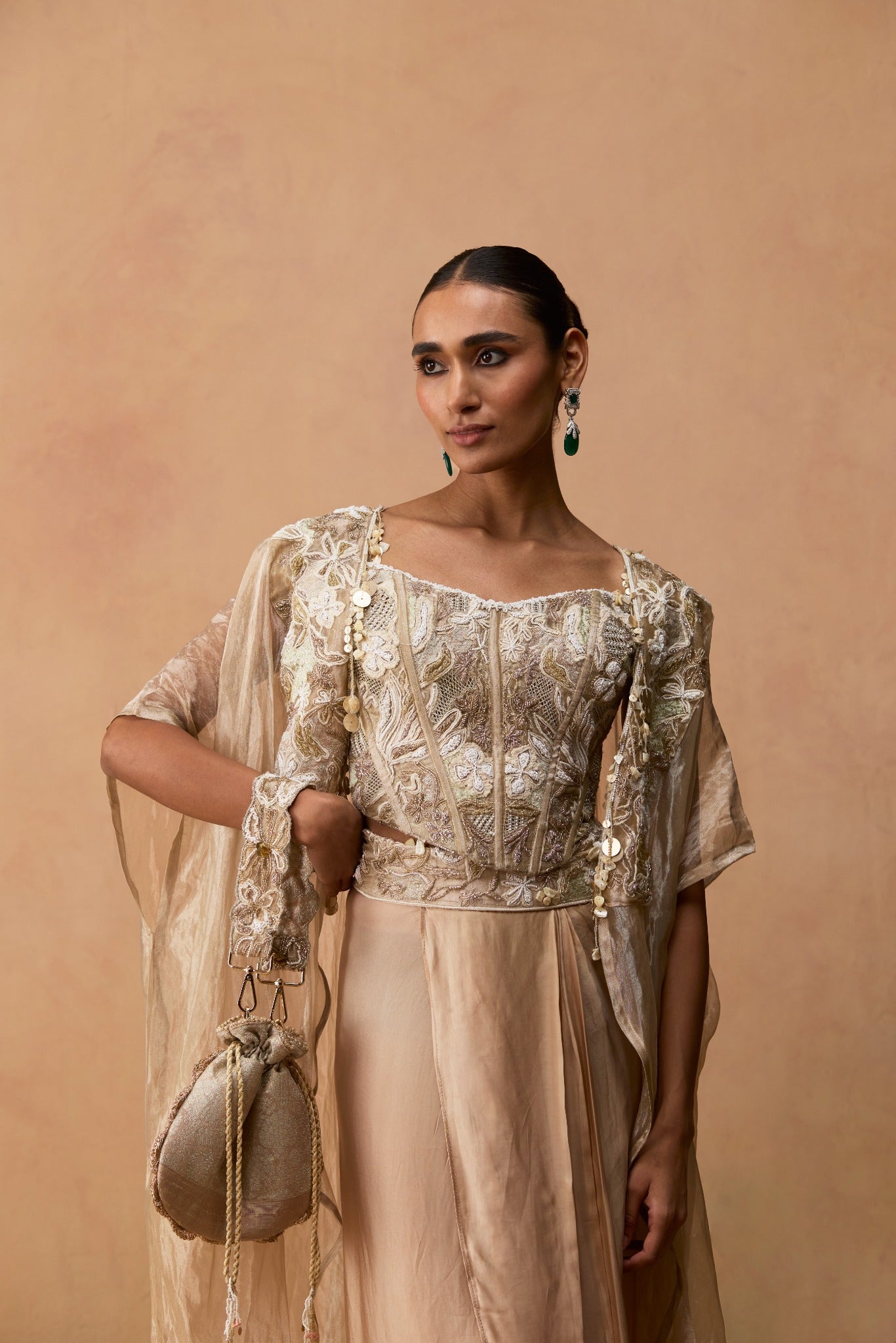 Ilana – gold ivory abstract floral hand-embroidered peplum kurta with tissue sharara by Julie & Rinki