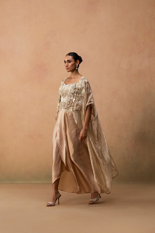 Kayra – gold ivory floral embroidered corset with cape and silk satin dhoti by Julie & Rinki