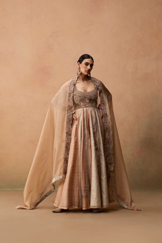 Rumi – light pink embroidered yoke Anarkali with Banarasi raw silk panels and cupro organza dupatta by Julie & Rinki