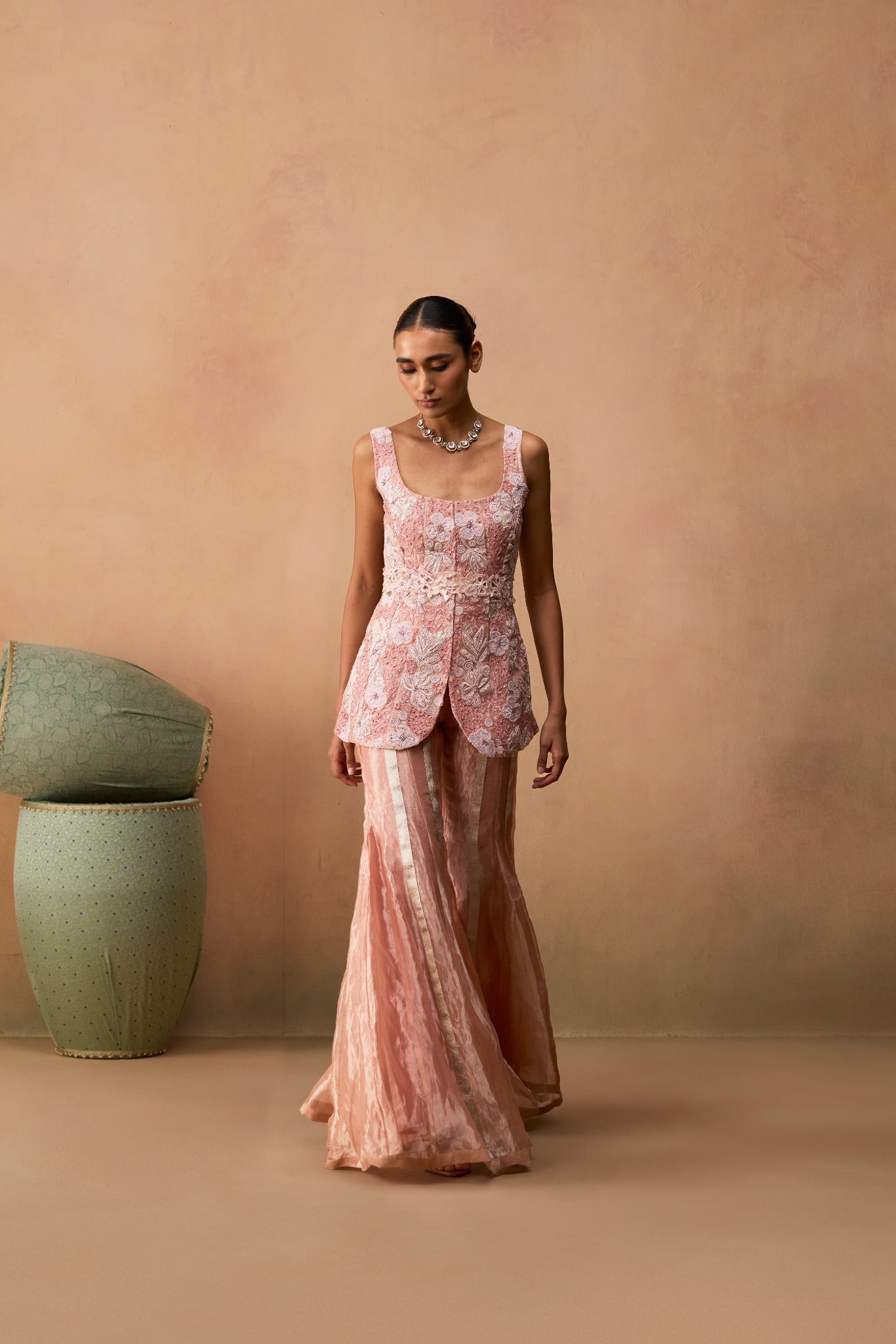 Alaya – light pink hand-embroidered floral kurta with tissue sharara and belt by Julie & Rinki