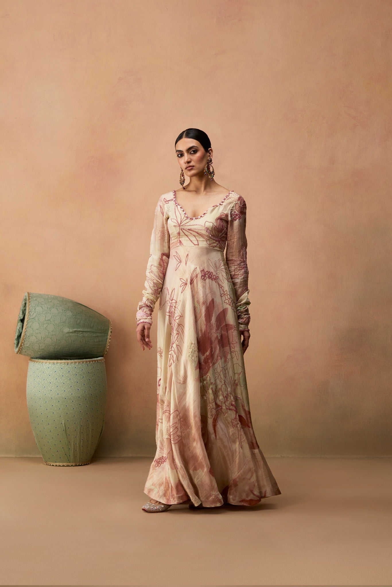 The Naz: a light pink abstract-printed tissue Anarkali with raw silk pants and cupro organza dupatta. A modern festive look at ₹32,999.
