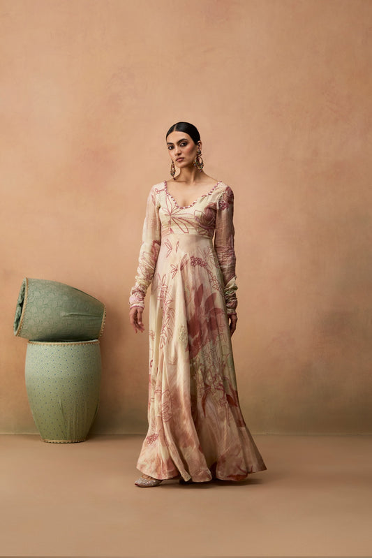 The Naz: a light pink abstract-printed tissue Anarkali with raw silk pants and cupro organza dupatta. A modern festive look at ₹32,999.