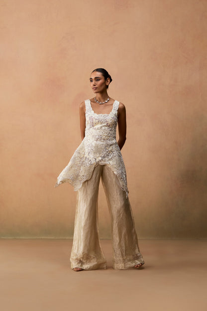 Rayana – ivory floral textured silver tissue high-low kurta with tissue bell bottom and belt by Julie & Rinki