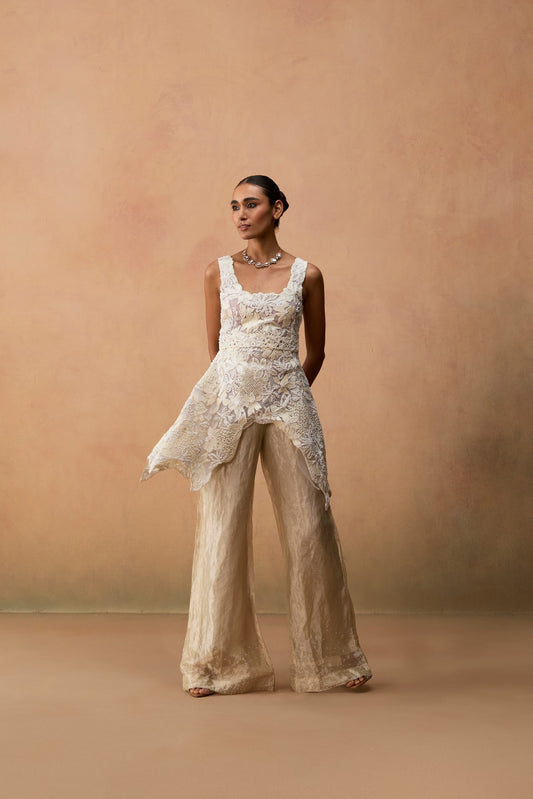 Rayana – ivory floral textured silver tissue high-low kurta with tissue bell bottom and belt by Julie & Rinki