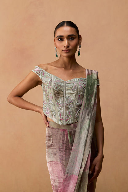 Heer – light green floral abstract corset with multi-colour ruffle saree by Julie & Rinki 